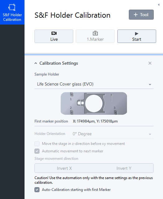 S&F Holder Calibration window showing calibration settings and three marker preview images with red crosshairs