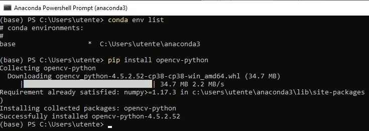 Anaconda PowerShell showing conda env list and pip install opencv-python with 'Successfully installed opencv-python-4.5.2.52'
