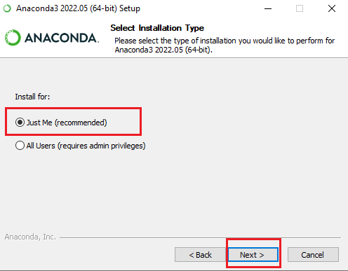 Anaconda3 2022.05 (64-bit) setup showing 'Select Installation Type' with 'Just Me (recommended)' selected and Next
