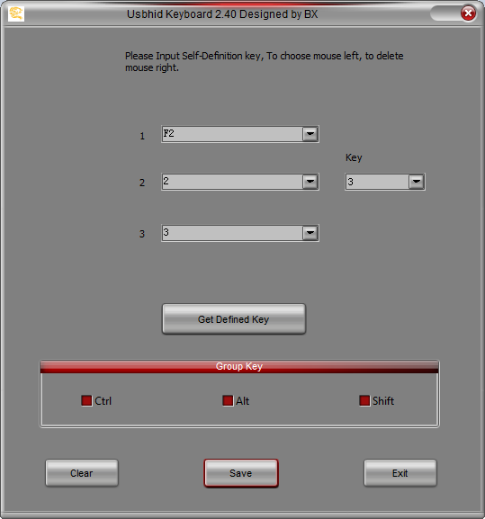 Usbhid Keyboard 2.40 dialog; field1=F2, field2=2, field3=3; Get Defined Key; Group Key Ctrl Alt Shift; Save Exit
