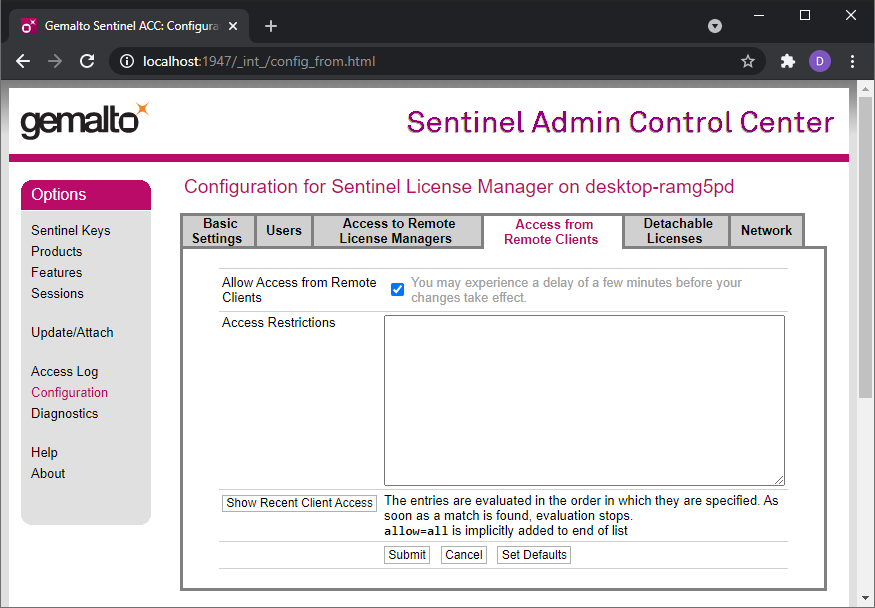 Sentinel Admin Control Center config page showing Access from Remote Clients tab with Allow Access checkbox checked