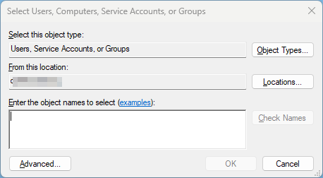 Windows dialog Select Users, Computers, Service Accounts, or Groups with object type field, empty name box, OK/Cancel buttons