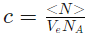 Formula: c = ⟨N⟩ / (V_e · N_A), concentration c expressed via average number ⟨N⟩, effective volume V_e and N_A
