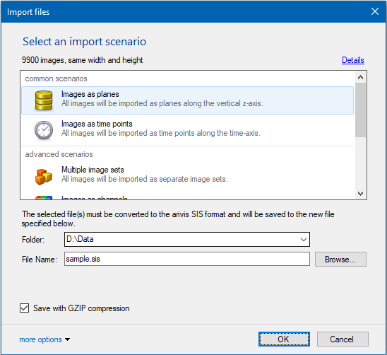 Import files dialog showing 'Images as planes' selected, folder D:\Data, file name sample.sis, GZIP compression checked