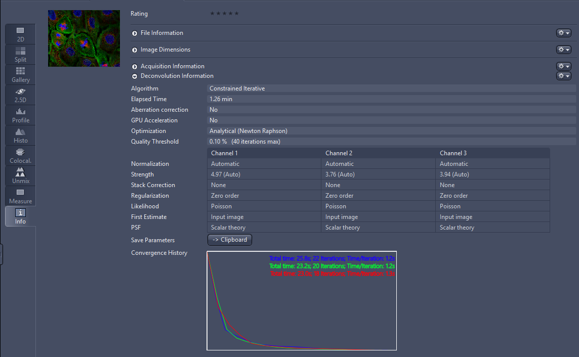 Deconvolution Information showing Algorithm: Constrained Iterative; Elapsed 1.26 min; channel table; convergence graph