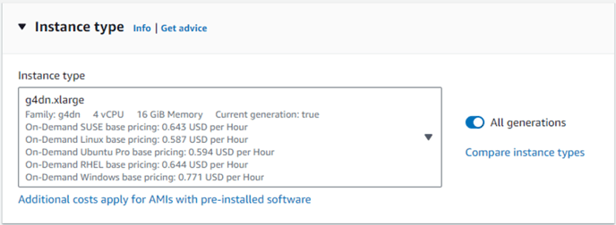 Instance type panel showing g4dn.xlarge selected, family g4dn, 4 vCPU and 16 GiB Memory