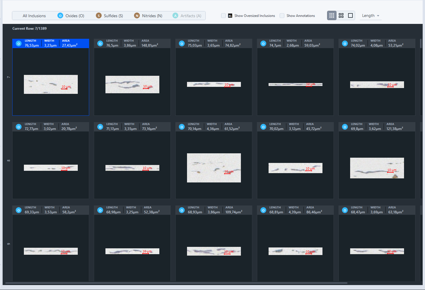 Grid of microscope inclusion thumbnails in software UI showing LENGTH WIDTH AREA labels and red 10 µm scale bars