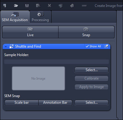 SEM Acquisition panel with Shuttle & Find, 'No Image' placeholder and buttons Select, Calibrate, Apply to Image.