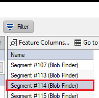 Object table showing Name column with Segment #107, Segment #113, Segment #114 (Blob Finder) highlighted
