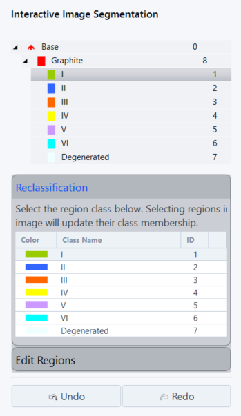 Interactive Image Segmentation listing Graphite classes I-VI and Degenerated with Reclassification table and Edit Regions, Undo, Redo