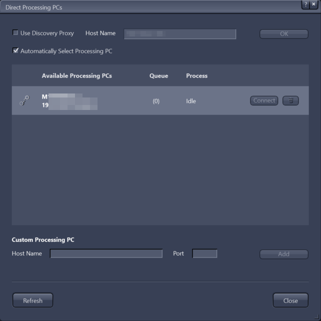 Direct Processing PCs dialog listing one available PC, Automatically Select Processing PC checked, Host Name and Port fields