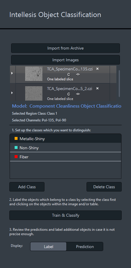 Intellesis UI: model Component Cleanliness Object Classification; classes Metallic-Shiny, Non-Shiny, Fiber