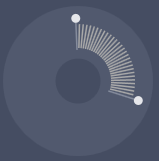 Dark circular dial with radial tick marks forming an arc and two white circular markers at arc ends