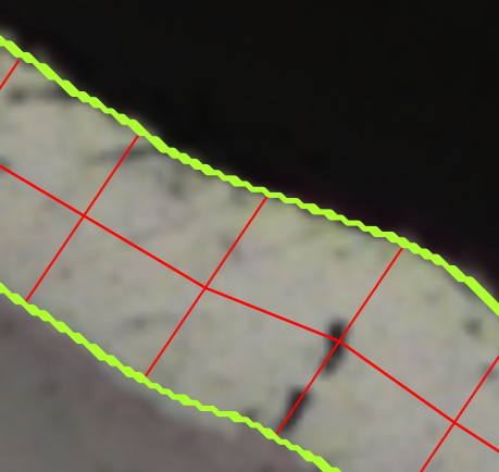 Close-up image of pale sample with green wavy edge overlay and red grid chords crossing the sample