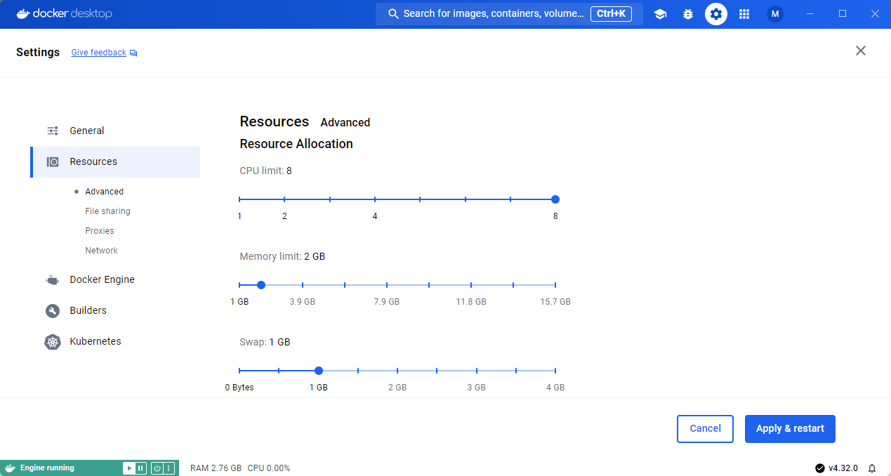 Docker Desktop Settings Resources > Advanced screen showing CPU limit: 8, Memory limit: 2 GB, Swap: 1 GB with sliders