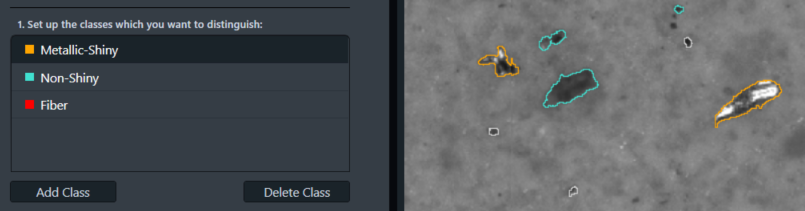 UI panel listing classes 'Metallic-Shiny, Non-Shiny, Fiber' beside microscopy image with orange and cyan particle outlines