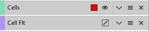 Layer list showing Cells with red swatch and Cell Flt with purple swatch