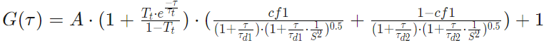 Two Component 3D autocorrelation equation for G(τ) showing parameters A, Tt, τ, cf1, τd1, τd2, S