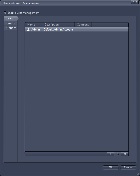 User and Group Management window with checked 'Enable User Management' and Users list showing Admin — Default Admin Account