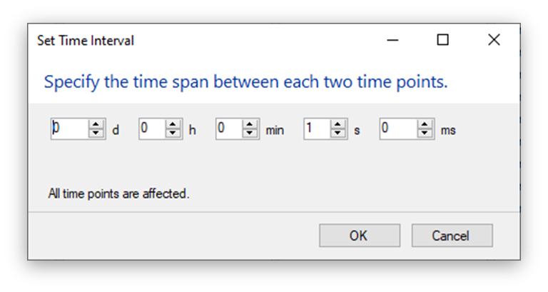 Set Time Interval dialog showing fields for d h min s ms set to 0 d 0 h 0 min 1 s 0 ms with OK and Cancel buttons