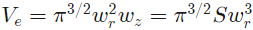 Formula: V_e = π^(3/2) w_r^2 w_z = π^(3/2) S w_r^3, effective volume in terms of radii w_r, w_z and structural parameter S