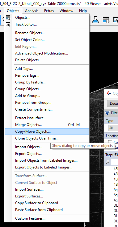 Software Objects menu open with 'Copy/Move Objects...' option highlighted