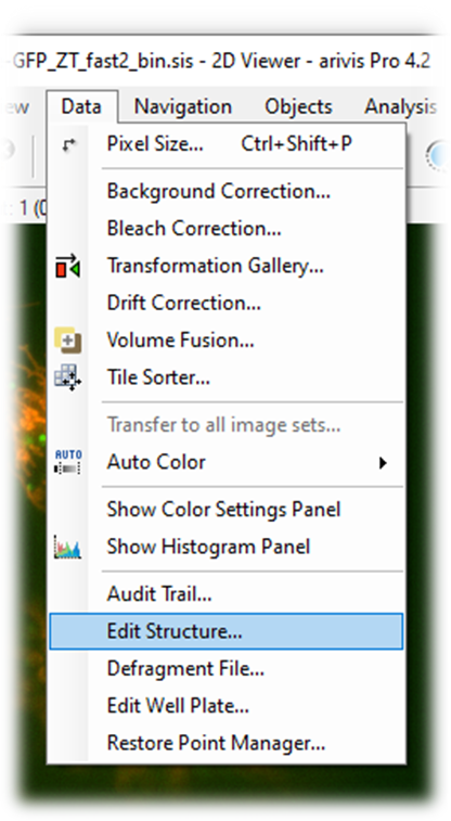 Data menu dropdown with Edit Structure... highlighted and options like Pixel Size and Background Correction