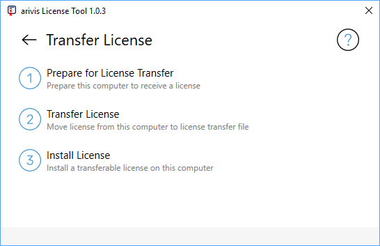 Transfer License window showing steps: Prepare for License Transfer; Transfer License; Install License