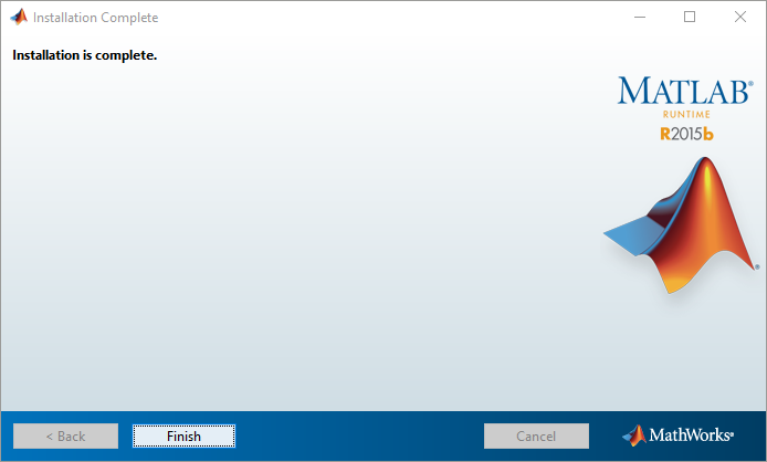 Installer window titled 'Installation Complete' with 'Installation is complete.' text, MATLAB Runtime R2015b logo and Finish