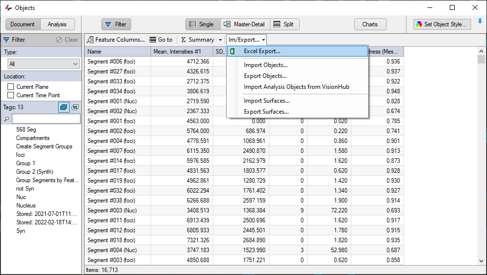 Objects window showing a segments table with Name column and an Im/Export dropdown highlighting Excel Export...