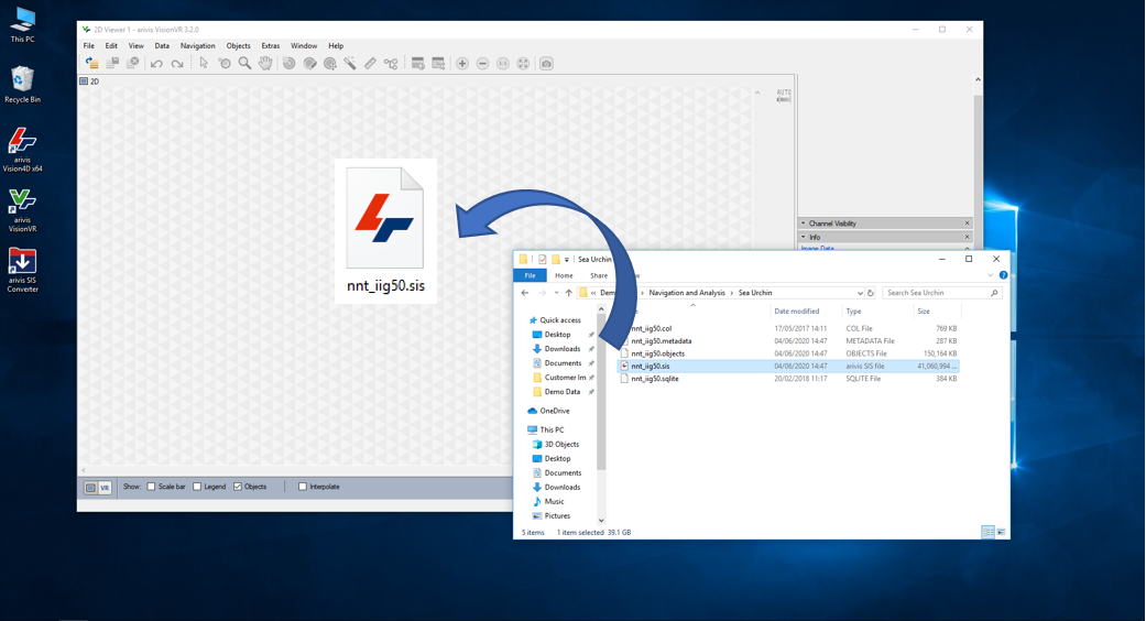 Arivis VisionVR showing file icon nnt_iig50.sis and Explorer window with same file selected, connected by a blue curved arrow