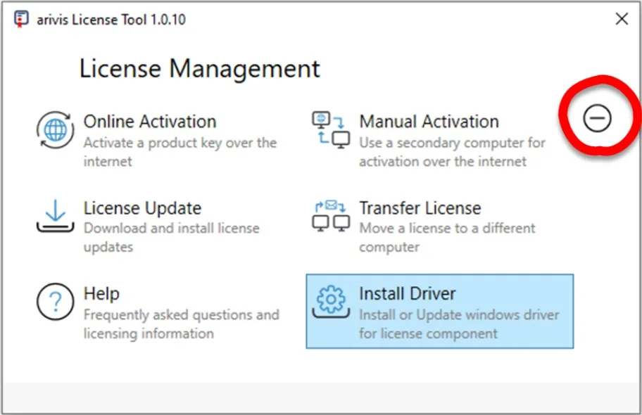 arivis License Tool License Management window showing Install Driver button highlighted and a circled minus sign in top right