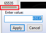 Dialog labeled Enter value: with input showing 65535 and Apply and Cancel buttons