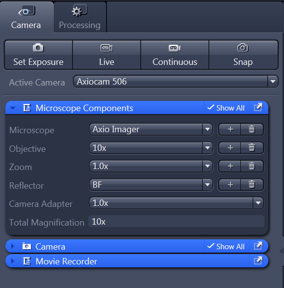Microscope Components panel showing Axio Imager, Objective 10x, Zoom 1.0x, Reflector BF, Camera Adapter 1.0x, Total Mag 10x