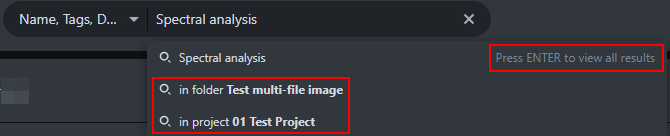 Search field with query 'Spectral analysis', suggestions 'in folder Test multi-file image' and 'in project 01 Test Project', plus 'Press ENTER to view all results'