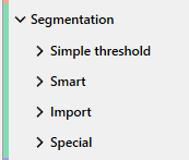 Panel titled Segmentation showing options Simple threshold, Smart, Import, Special