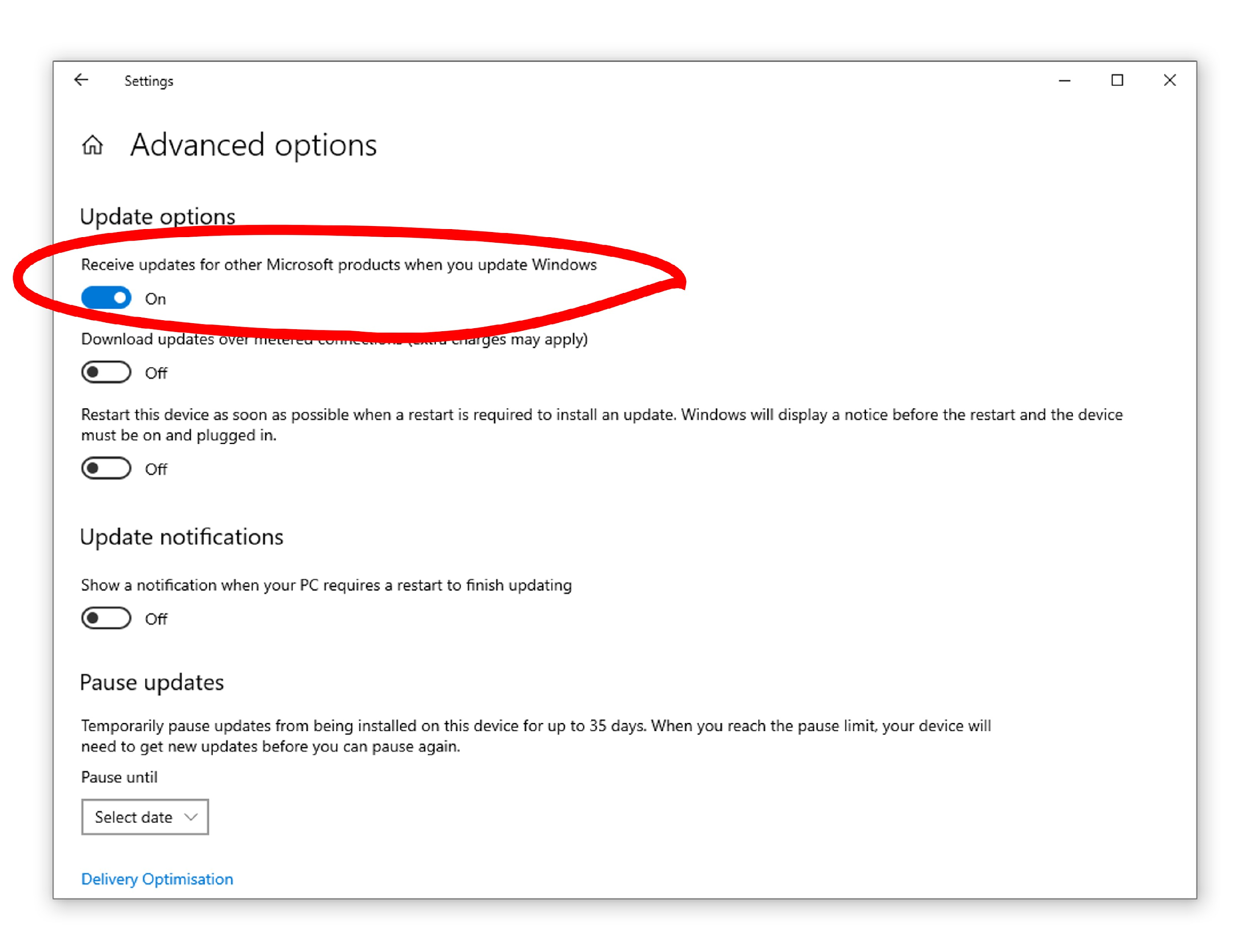Advanced options page showing Receive updates for other Microsoft products toggle set On circled