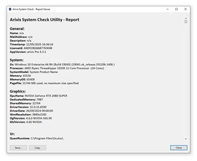 Arivis System Check Utility report viewer showing 'General', 'System' and 'Graphics' sections with entries