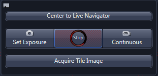 Control panel with buttons labeled Center to Live Navigator, Set Exposure, Stop, Continuous, and Acquire Tile Image