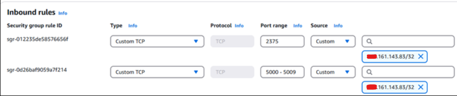 Inbound rules showing two security group rules: port 2375 and ports 5000-5009 with source 161.143.83/32