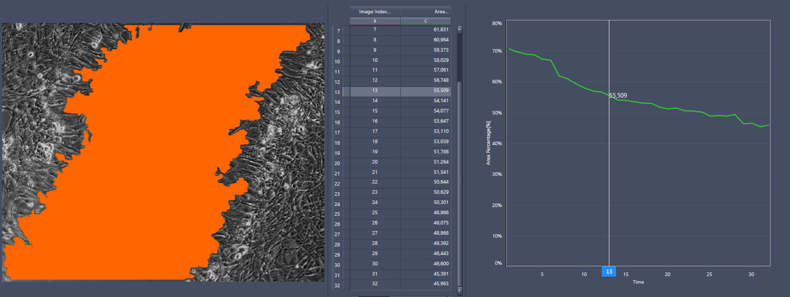 Grayscale image with large orange masked region left, center table of image indices and areas, right line chart Area Percentage [%] over Time