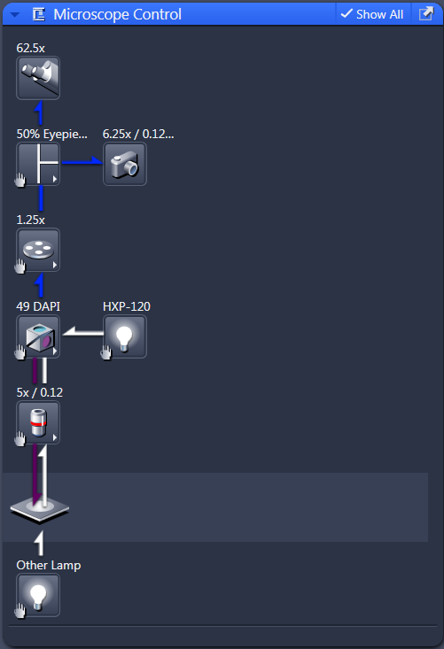 Microscope Control panel showing component icons labeled 62.5x, 6.25x/0.12, 49 DAPI and HXP-120 lamp