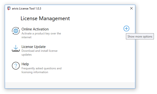 arivis License Tool window titled 'License Management' showing Online Activation, License Update, and Help with a plus icon