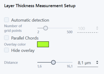 Layer Thickness Measurement Setup panel with checkboxes Automatic detection and Parallel Chords, green Overlay color box, Distance 8,1 µm
