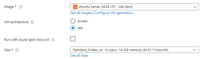 Azure VM config panel: Ubuntu Server 24.04 LTS image, x64 selected, Standard_NV4as_v4 size 4 vCPUs, 14 GiB