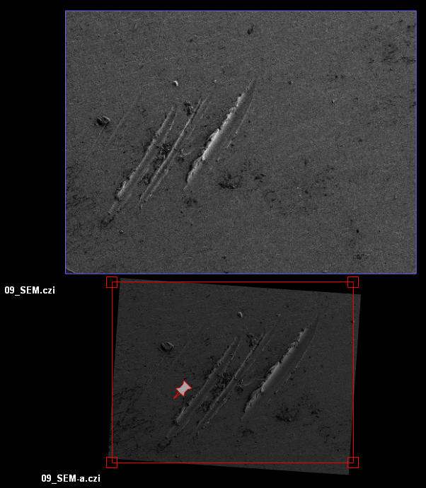 Grayscale SEM image of scratched surface with red rectangular selection, rotated overlay and labels 09_SEM.czi, 09_SEM-a.czi
