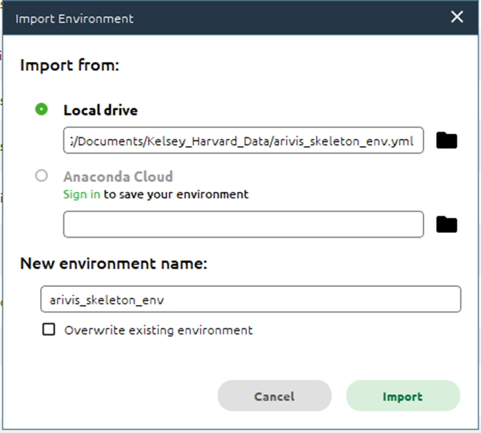 Import Environment dialog showing Local drive path to arivis_skeleton_env.yml and new environment name arivis_skeleton_env