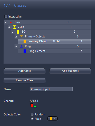 Classes dialog showing Primary Object AF568 selected in tree; Name field Primary Object; Channel AF568