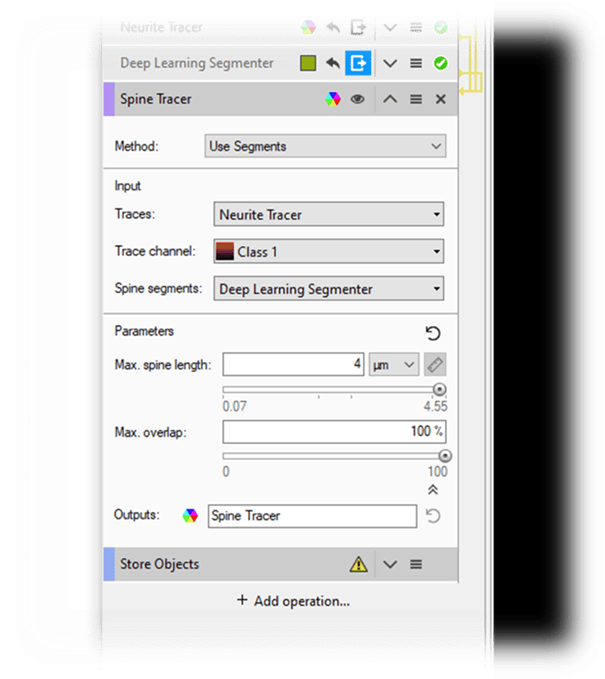 Spine Tracer panel with Method: Use Segments; Traces: Neurite Tracer; Spine segments: Deep Learning Segmenter
