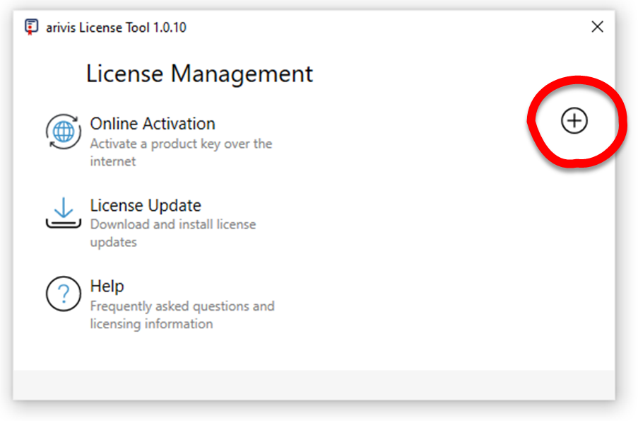 License Management window listing Online Activation, License Update, Help, plus icon circled